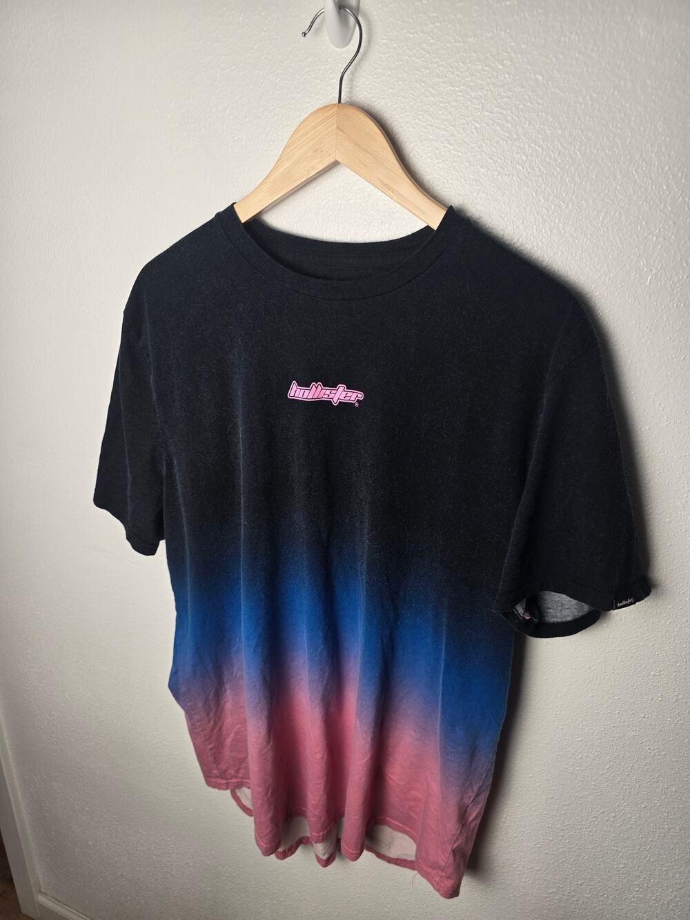 Hollister Curved Hem Tee Mens XXL Black Blue Pink Ombre Dip Dye Longline